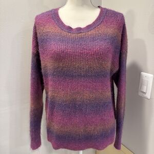 Maurices Sweater Size Large Long Sleeve Purple Pink Striped Fuzzy Pullover